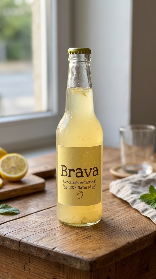 Foto de una botella de limonada sobre una mesa de madera
