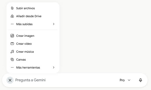 Menú + de Gemini con la opción Crear vídeo