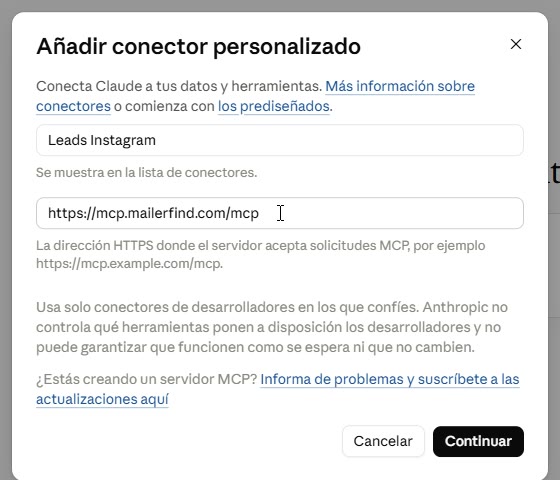 Ventana Añadir conector personalizado con nombre y URL