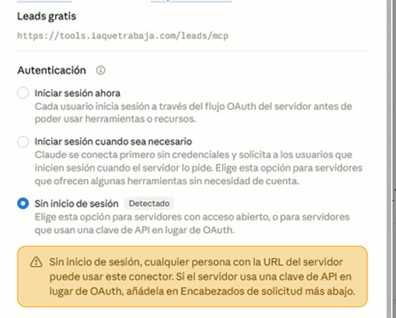 Claude detecta el conector sin inicio de sesión